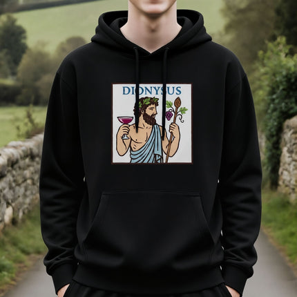 Dionysus, Greek god of wine, holding grapes and a celebratory cup illustration.