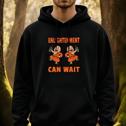 Funny monk hoodie graphic: Two cartoon monks drinking sake with the text "Enlightenment Can Wait.