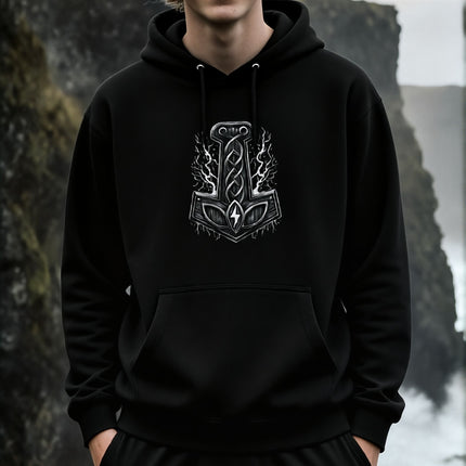 Norse Mjolnir lightning graphic on black Viking hoodie featuring Celtic knotwork.
