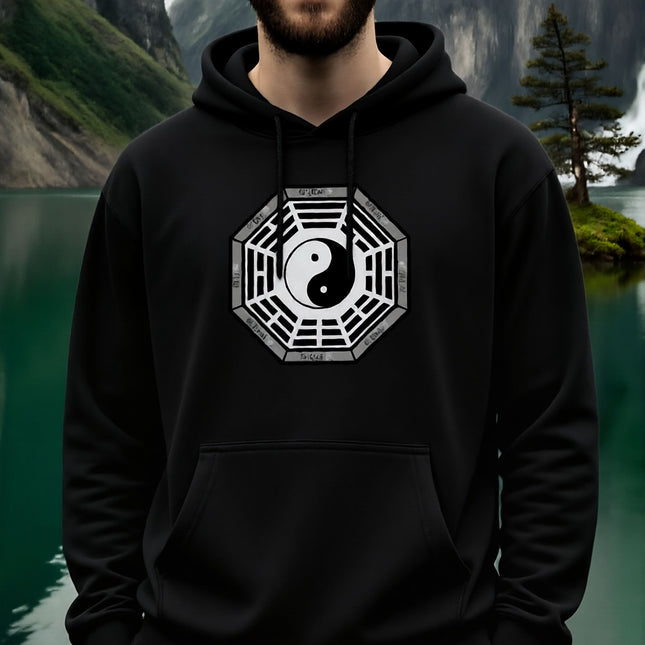 Black hoodie featuring a Bagua and Yin Yang graphic, symbolizing Eastern philosophy and balance.