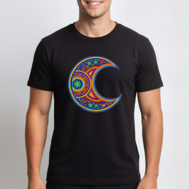 Vibrant Huichol Moon T-Shirt | Indigenous Mexican Art Design | Moon