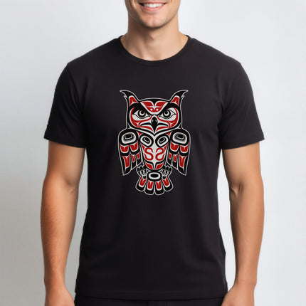 Red Black Owl T-Shirt | Pacific Northwest Indigenous Art Formline Design | Owl