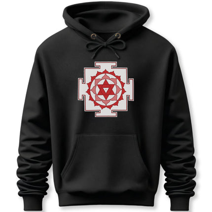 Red and white Hindu Yantra sacred geometry symbol on a black pullover hoodie.