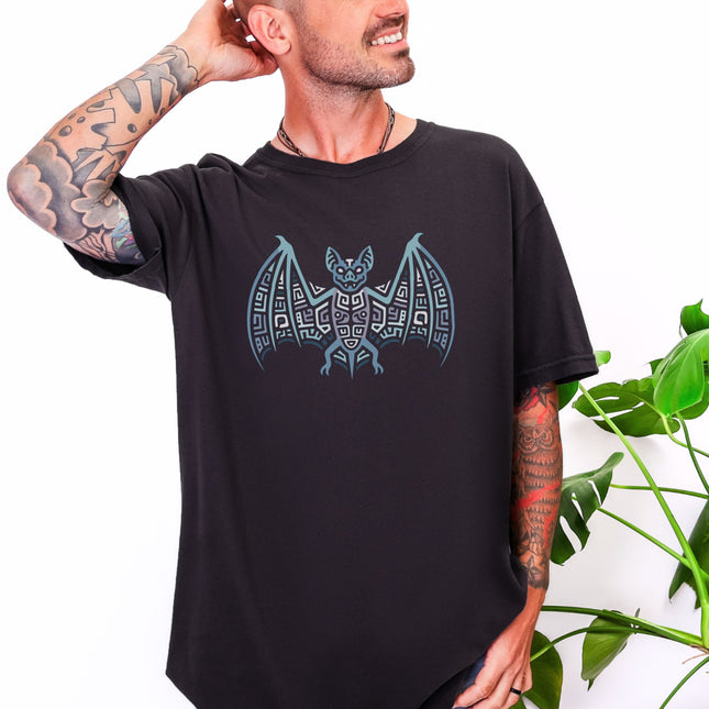 Mayan Bat Symbol T-Shirt | Tribal Geometric Blue & Indigo Graphic Tee Shirt
