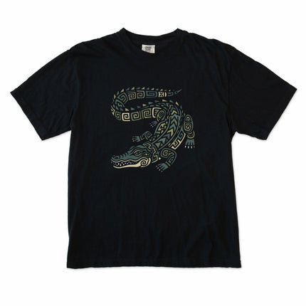Mayan tribal crocodile graphic print on a unisex t-shirt featuring indigenous animal art.