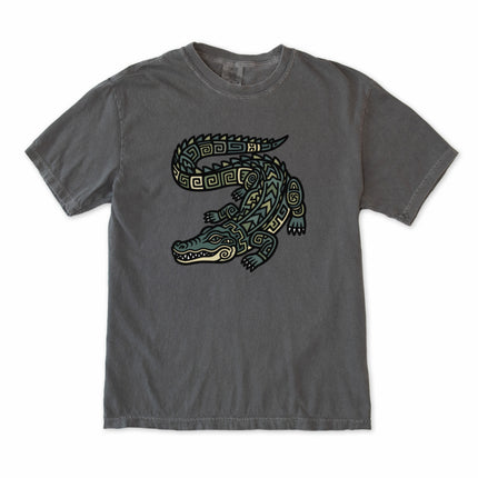 Unisex tee shirt featuring a tribal Mayan crocodile graphic design print.