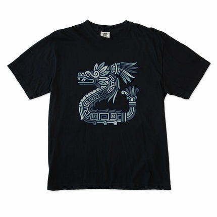 Quetzalcoatl feathered serpent t-shirt design with Aztec and Mayan mythological artwork print.