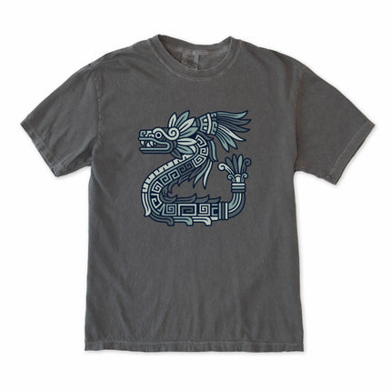 Quetzalcoatl feathered serpent design on an Aztec mythology t-shirt print.
