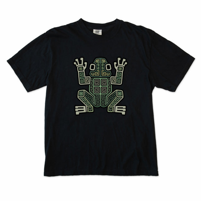 Ancient Mayan frog geometric tribal symbol graphic tee shirt design.