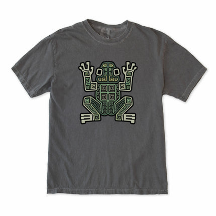 Ancient Mayan frog geometric symbol tribal art print on a comfortable tee shirt.