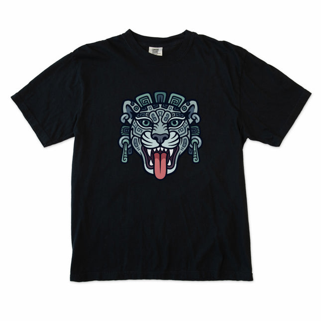 Mayan jaguar head tribal art graphic on a comfortable t-shirt featuring ancient Mesoamerican designs.