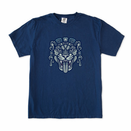Tribal Mayan jaguar head artwork printed on a comfortable t-shirt design.
