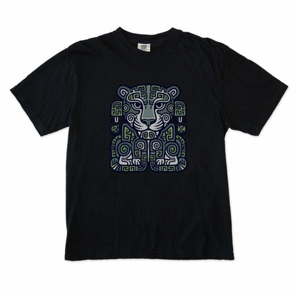 Ancient Mesoamerican tribal art graphic tee featuring a detailed Mayan jaguar design.