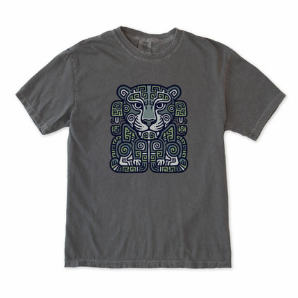 Ancient Mesoamerican tribal art of a powerful jaguar printed on a graphic t-shirt design.