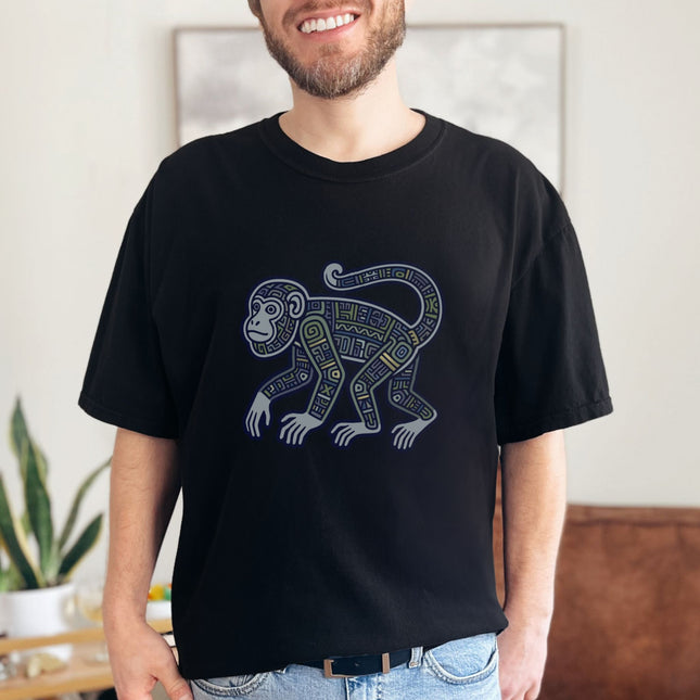 Tribal Mayan monkey tee shirt featuring geometric symbols and ancient art print.