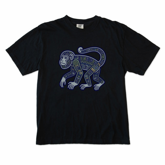 Geometric Mayan monkey tribal symbol design on unisex tee shirt.