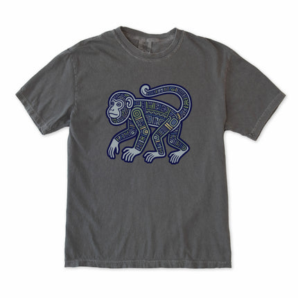 Mayan tribal monkey t-shirt featuring geometric patterns and ancient Mesoamerican art print.