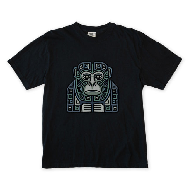 Mayan Monkey Geometric Tribal Art T-Shirt | Blue Green Ape Unisex Tee Shirt