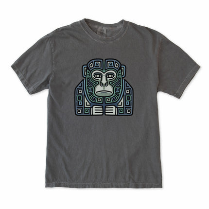 Mayan geometric tribal monkey design t-shirt featuring blue and green ape artwork.