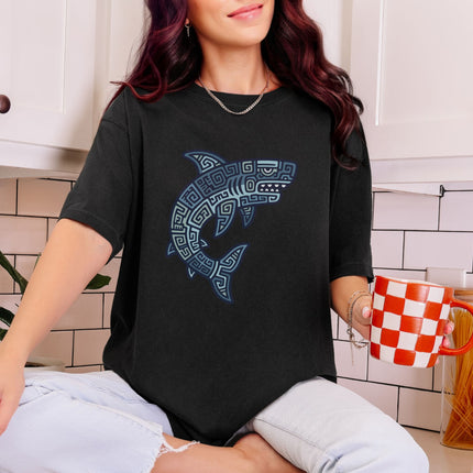 Mayan Tribal Shark T-Shirt | Blue Geometric Design Ocean Tee | Comfort Colors