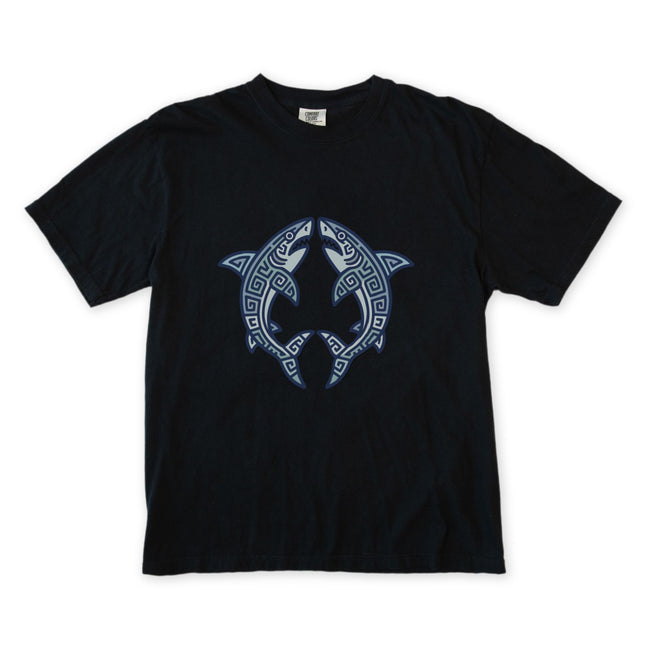 Mayan sharks symbol t-shirt featuring a tribal geometric ocean life graphic print.