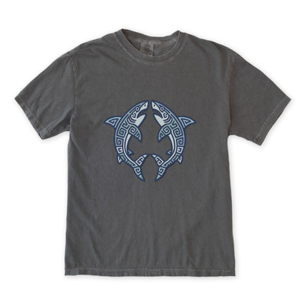 Mayan shark symbol graphic tee with tribal geometric ocean life design.