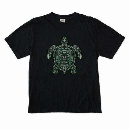 Mayan tribal geometric green sea turtle graphic tee shirt design.