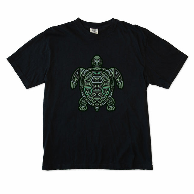 Mayan tribal geometric green sea turtle graphic tee shirt design.