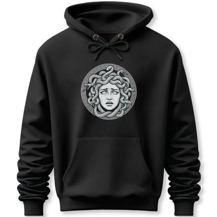 Medusa head graphic on a black hoodie, featuring snakes and a Greek key pattern.