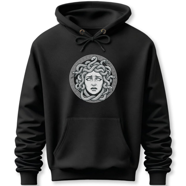 Medusa head graphic on a black hoodie, featuring snakes and a Greek key pattern.
