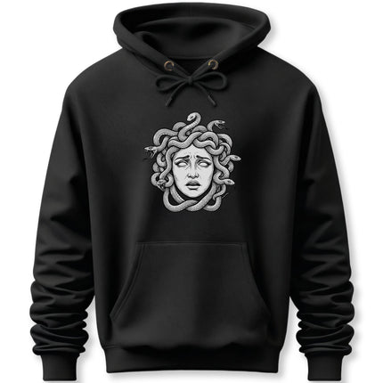 Medusa Gorgon serpent graphic print on a black pullover hoodie.