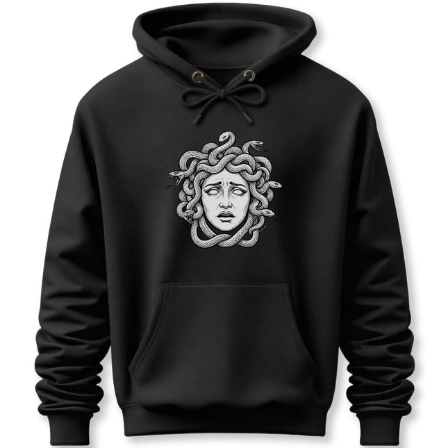 Medusa Gorgon serpent graphic print on a black pullover hoodie.