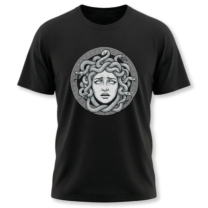 Medusa Gorgon head graphic tee featuring snakes, classical Greek mythology design on a black shirt.