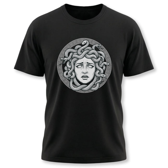 Medusa Gorgon head graphic tee featuring snakes, classical Greek mythology design on a black shirt.