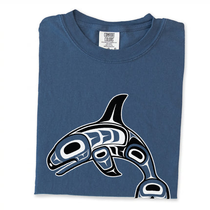 Formline whale long sleeve tee with curved red and white graphic design.
