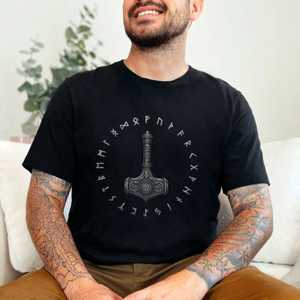 Thor's Hammer Mjolnir & Runes T-Shirt | Viking Norse Mythology Tee Shirt