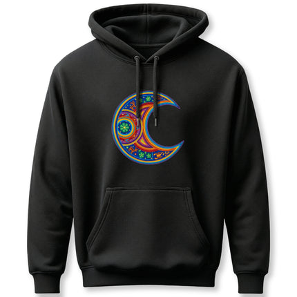 Vibrant Huichol crescent moon mandala graphic on a black pullover hoodie.