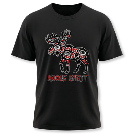 Formline art moose graphic on a black tee, featuring indigenous style and "Moose Spirit" text.
