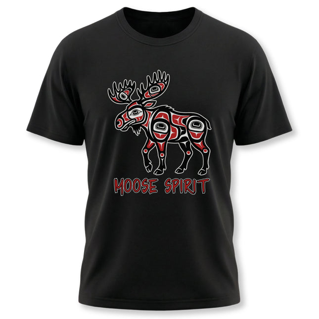 Formline art moose graphic on a black tee, featuring indigenous style and "Moose Spirit" text.