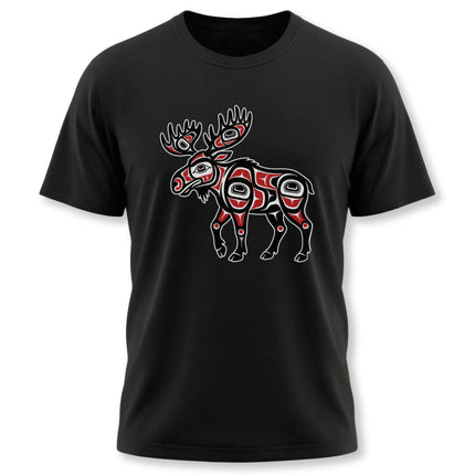 Northwest Coast formline art moose graphic on a black t-shirt.