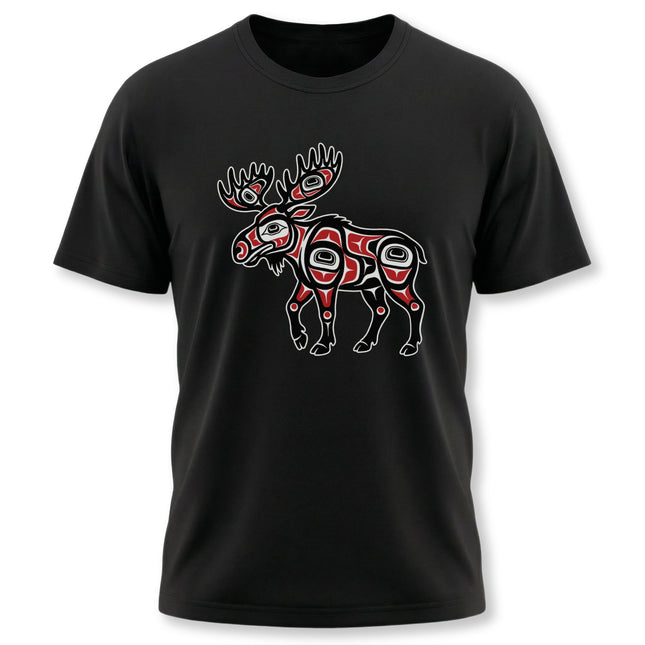 Northwest Coast formline art moose graphic on a black t-shirt.