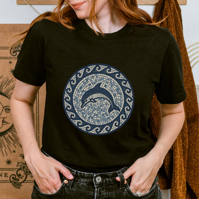 Dolphin Mosaic Art T-Shirt | Blue Marine Sea Life Greek Key Design Tee Shirt