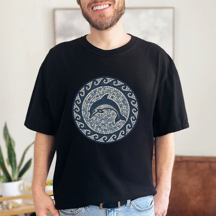 Dolphin Mosaic Art T-Shirt | Blue Marine Sea Life Greek Key Design Tee Shirt