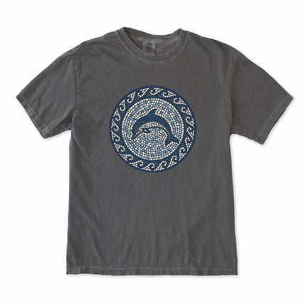 Blue dolphin mosaic art t-shirt featuring marine sea life and classic blue Greek Key design.