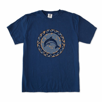 Blue t-shirt featuring dolphin mosaic art and a blue Greek key marine pattern.