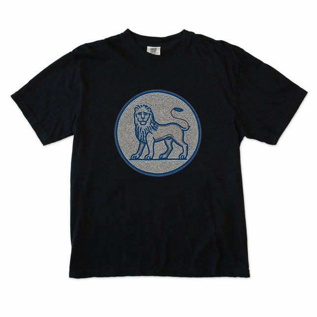 Blue grey mosaic lion t-shirt featuring an ancient, detailed animal graphic design on comfort colors fabric.