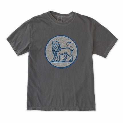 Blue grey mosaic lion graphic tee featuring an ancient animal portrait design.
