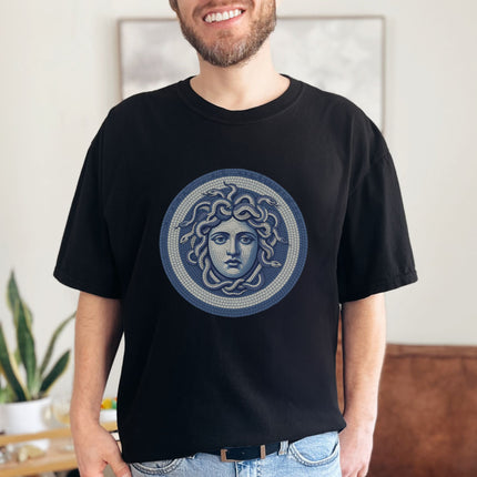 Blue Medusa Mosaic T-Shirt | Greek Mythology Gorgon Head Graphic Tee Shirt