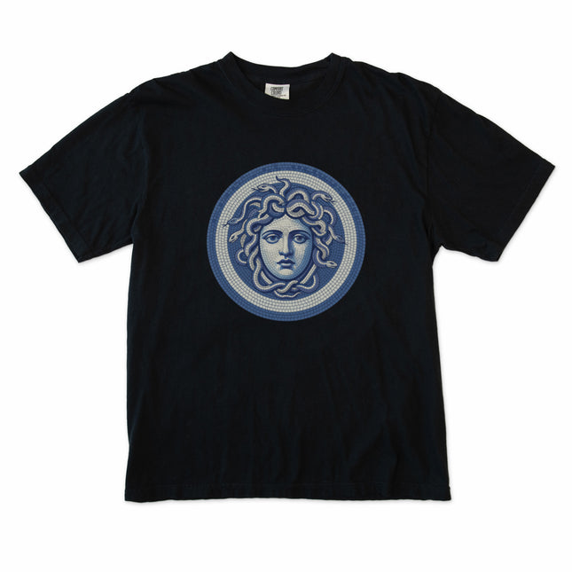 Blue Medusa mosaic graphic t-shirt featuring a detailed Greek mythology gorgon head design.