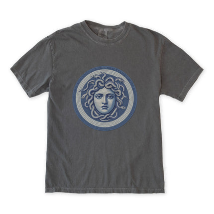 Blue Medusa Mosaic T-Shirt | Greek Mythology Gorgon Head Graphic Tee Shirt
